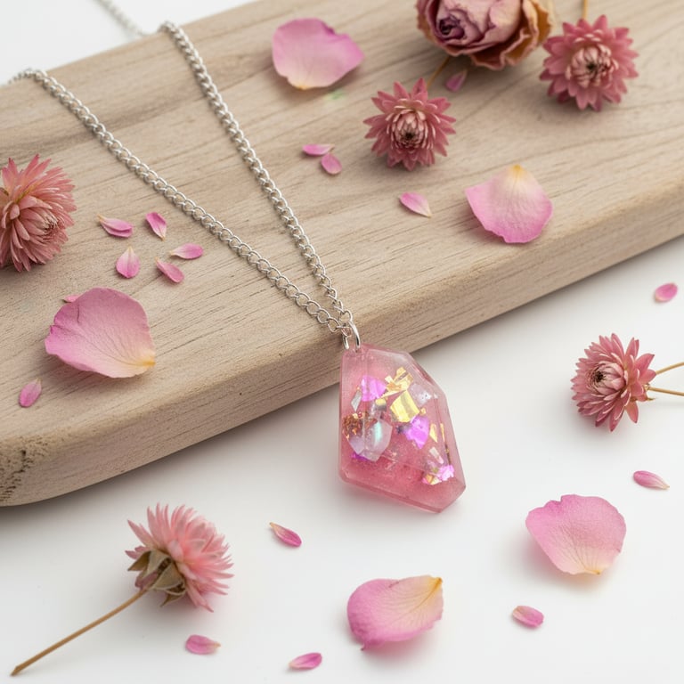Pink resin crystal necklace shimmering pendant handmade jewellery 