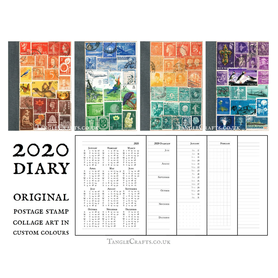 2020 Pocket Diary - Upcycled Vintage Postage Stamp Collage - A6 Monthly Planner