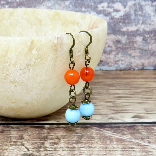 Blue and coral dangle earrings