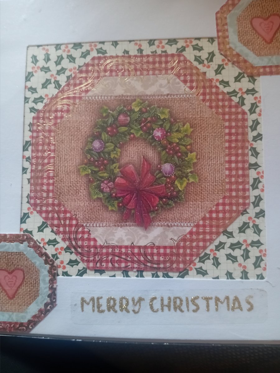 Hearts and Wreath Hexagonal Handmade Christmas Card