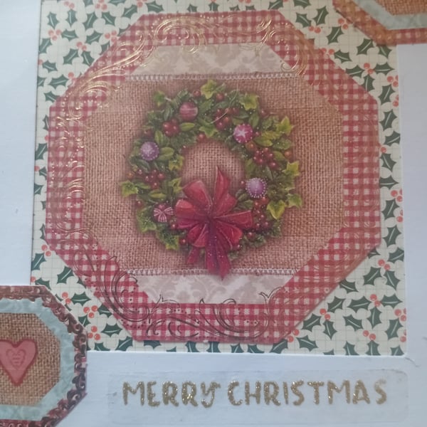 Hearts and Wreath Hexagonal Handmade Christmas Card