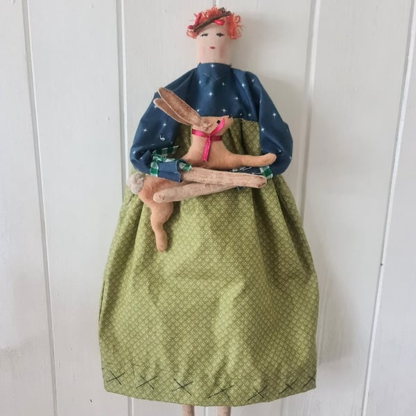 The moonlit hare keeper hanging primitive textile art doll