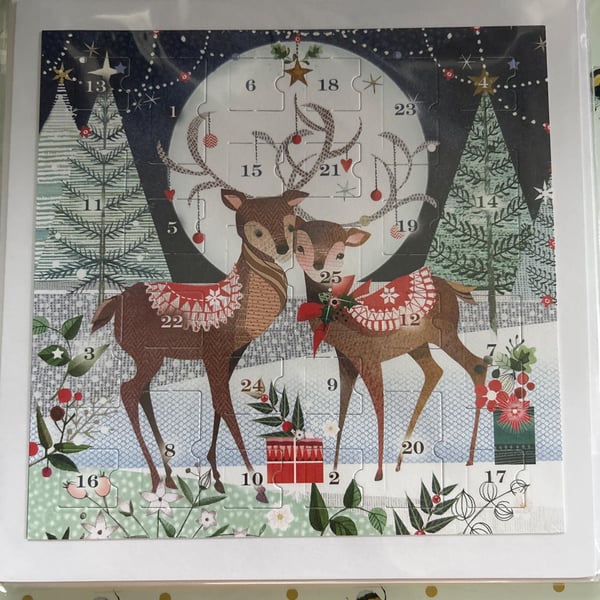 Reindeer Advent Calendar Card Handmade, Rudolph, 7 square card small traditional