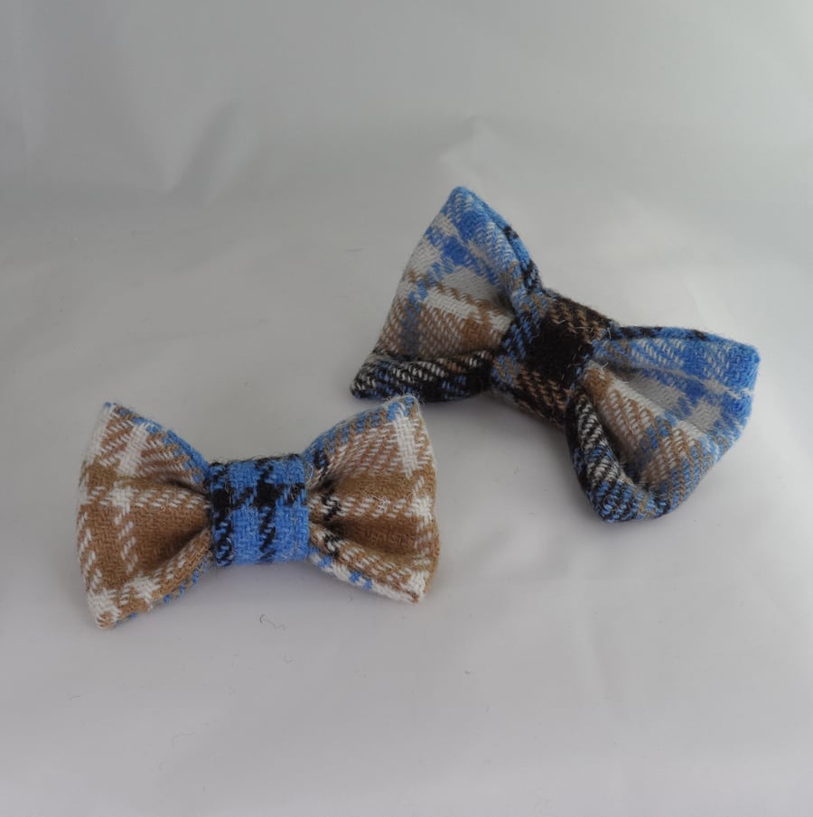Handmade Harris Tweed Dog Bow - Beige-Blue-Cream Tartan 