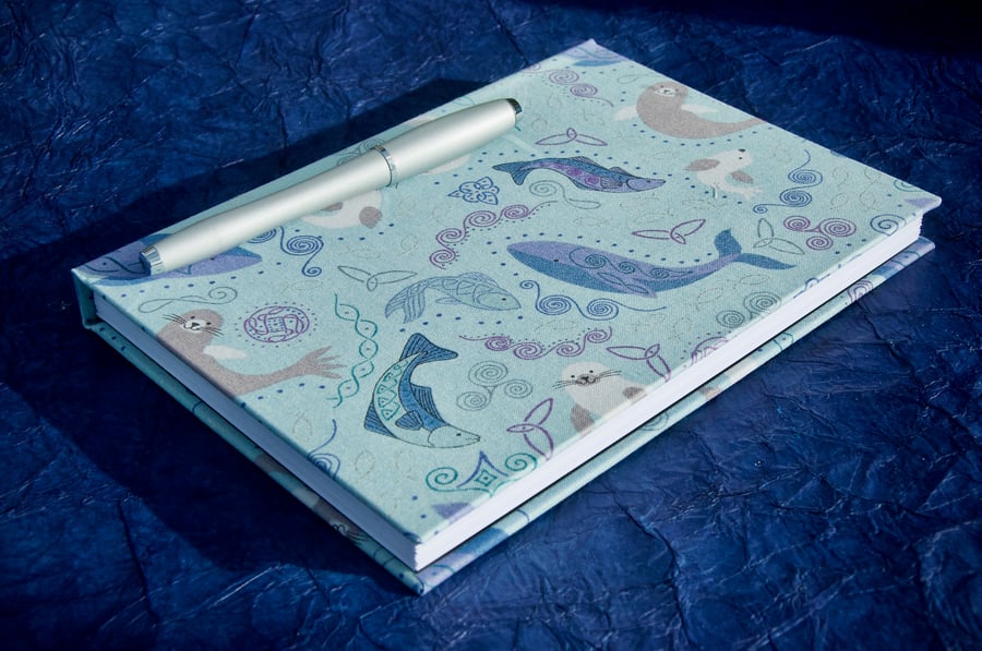 A5 Lined Notebook with smiley sea creatures fabric cover