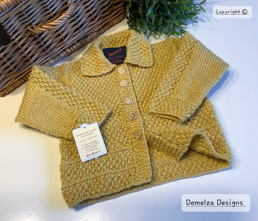 Designer Textured Mustard Hand Knitted Long Length Cosy Cardigan 1-2 years size 