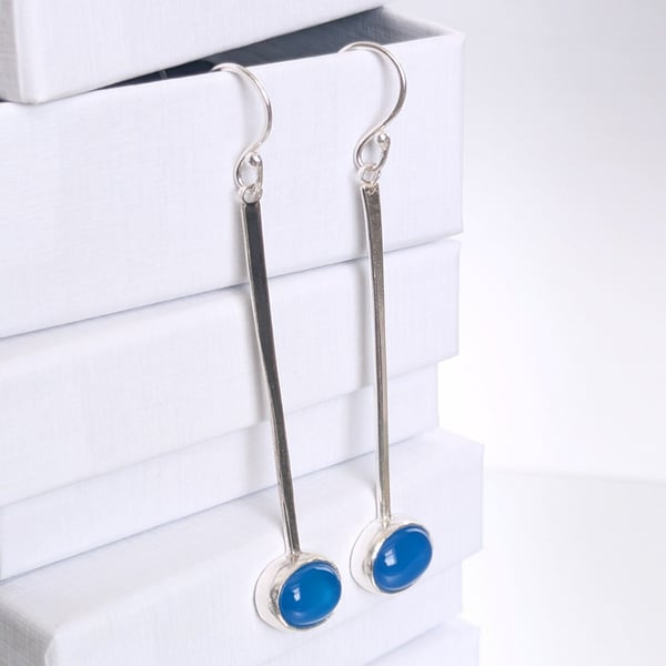 Eye catching long dangle blue onyx earrings