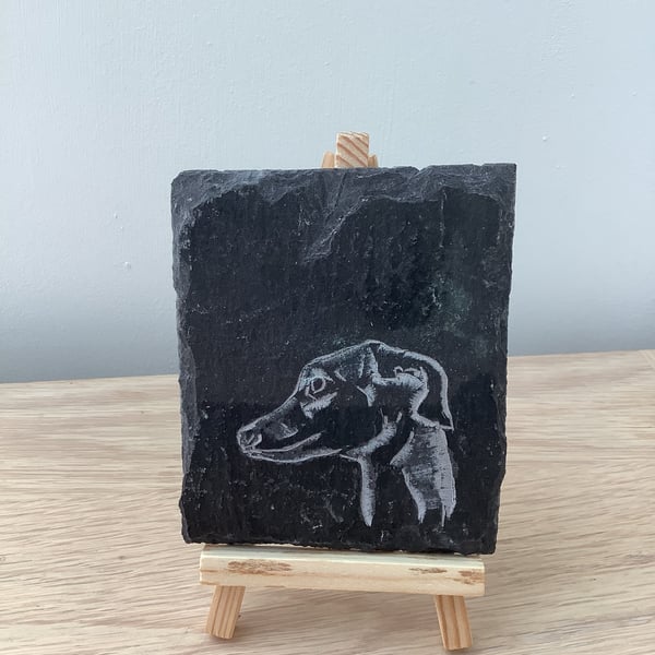 Whippet Dog Head Profile  - original art picture hand carved on slate