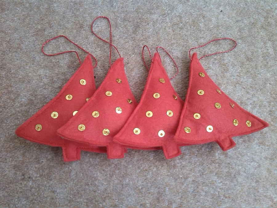 set of 4 Red felt Christmas trees with sequins and glass beads, Felt Trees