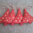 set of 4 Red felt Christmas trees with sequins and glass beads, Felt Trees