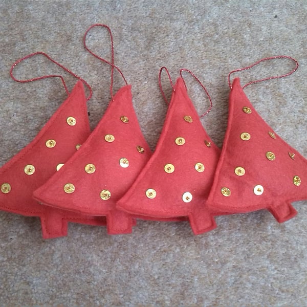 set of 4 Red felt Christmas trees with sequins and glass beads, Felt Trees