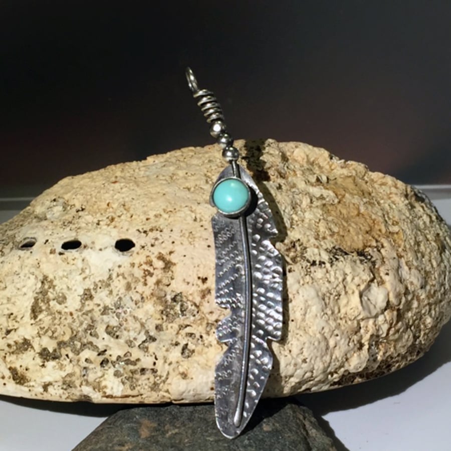Handstamped Silver and Turquoise feather pendant