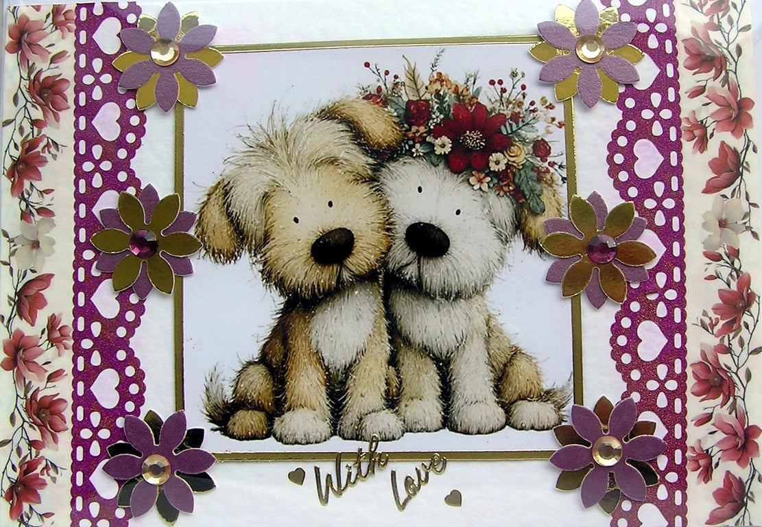 Puppy Dog Couple Love - Hand Crafted Decoupage Card - With Love 3251