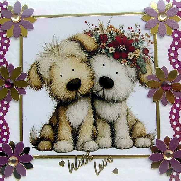 Puppy Dog Couple Love - Hand Crafted Decoupage Card - With Love 3251