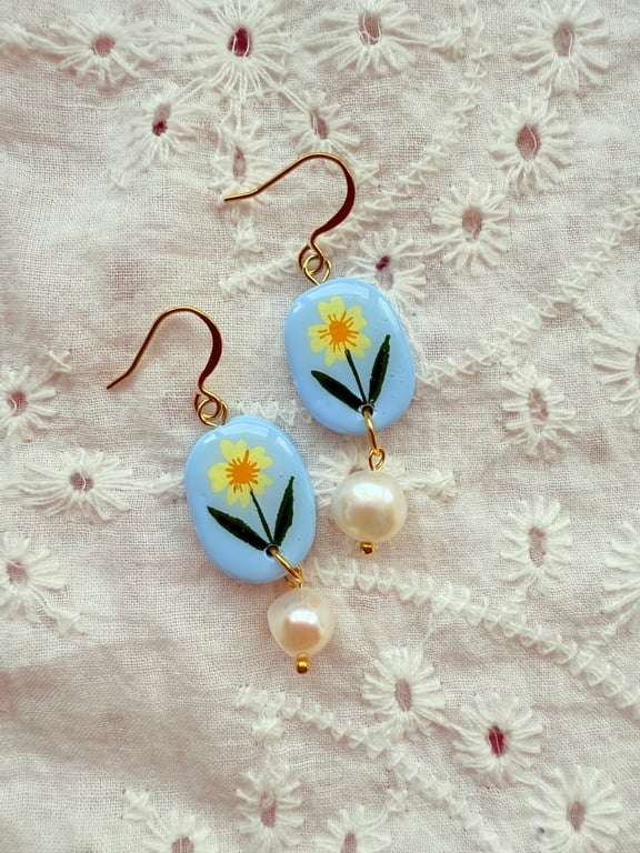 Buttercup Flower Pearl Drop Polymer Clay Earring - FREE SHIPPING
