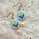Buttercup Flower Pearl Drop Polymer Clay Earring - FREE SHIPPING