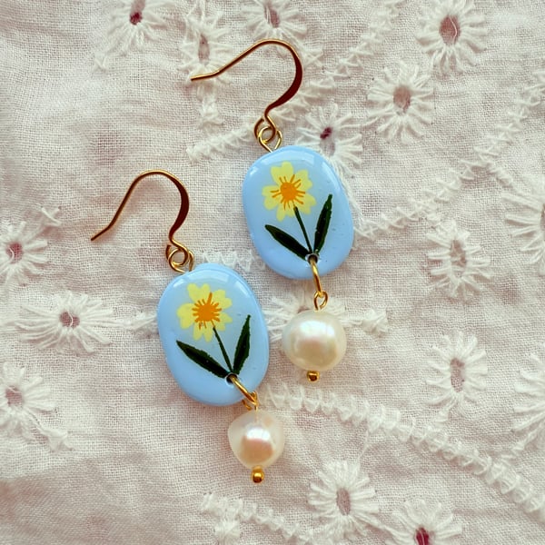 Buttercup Flower Pearl Drop Polymer Clay Earring - FREE SHIPPING