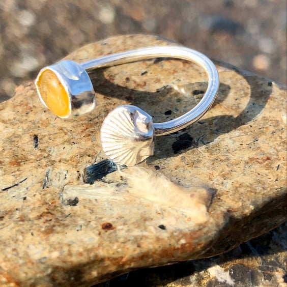 Honey Sea Glass and Scallop Shell Sterling Silver Spiral Adjustable Ring - 1239