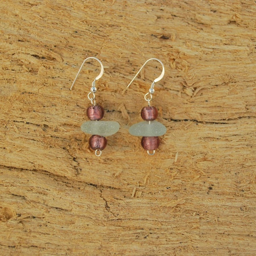 Sea glass earrings with dusky pink beads