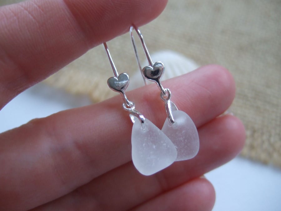 Scottish white sea glass earrings, sterling silver beach glass jewelry, heart 