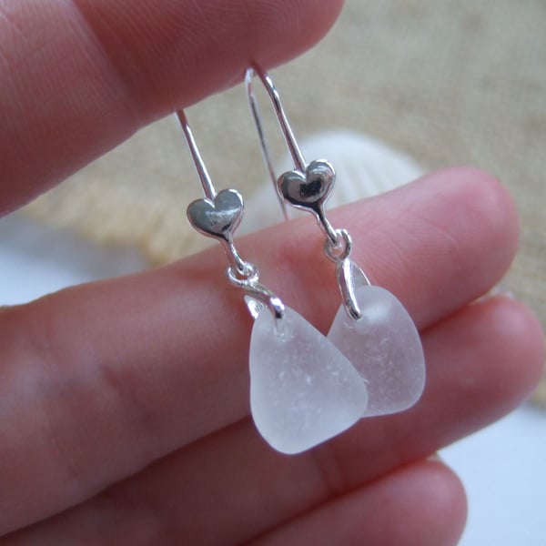Scottish white sea glass earrings, sterling silver beach glass jewelry, heart 