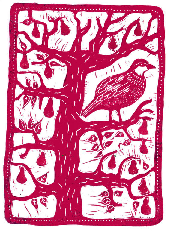 A Partridge In A Pear Tree Christmas card linocut printed set of 4