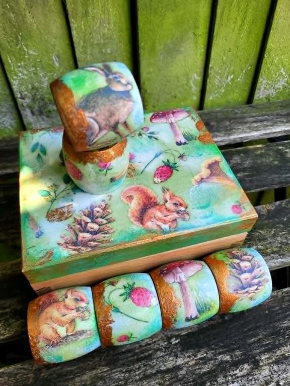 Handmade Autumn Woodland Napkin Rings – Forest Animal Set with Copper Edging