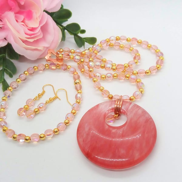 Raspberry Quartz Donut Pendant on a Pink and Gold Beaded Necklace, Gift for Her