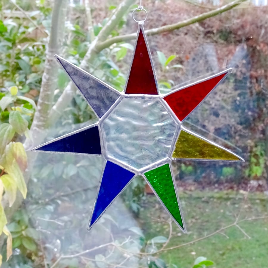 Stained Glass 7 Point Star Suncatcher - Multi Chakra