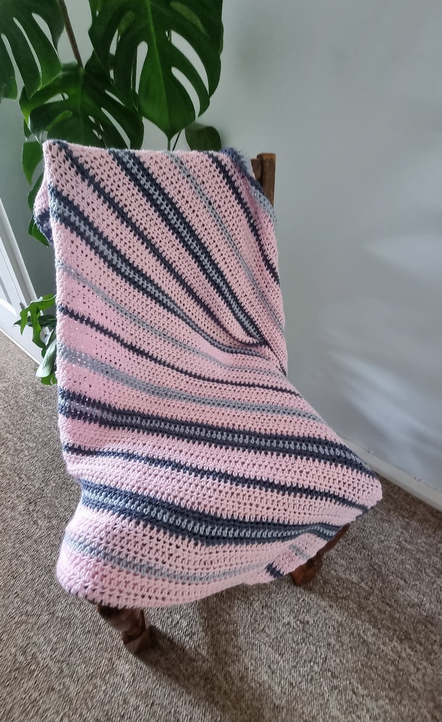 Hand made baby crochet blanket in pink and grey stripes, newborn gift