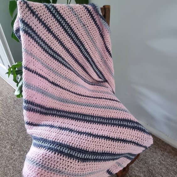Hand made baby crochet blanket in pink and grey stripes, newborn gift