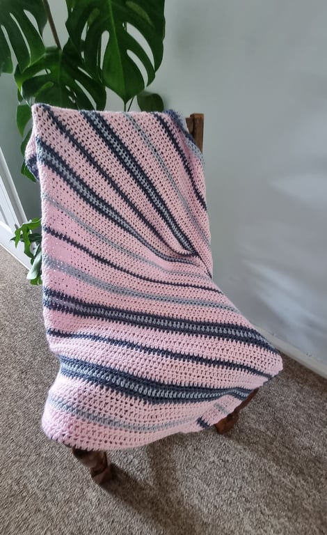 Handmade Crochet Baby Blanket: Pink and Gray Acrylic, Pram Crib Size
