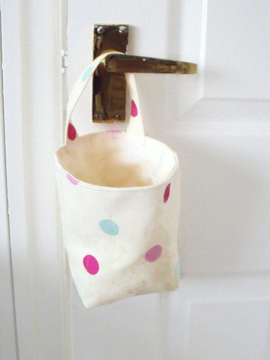 door handle storage bag or gear stick bag, cream polka dot fabric