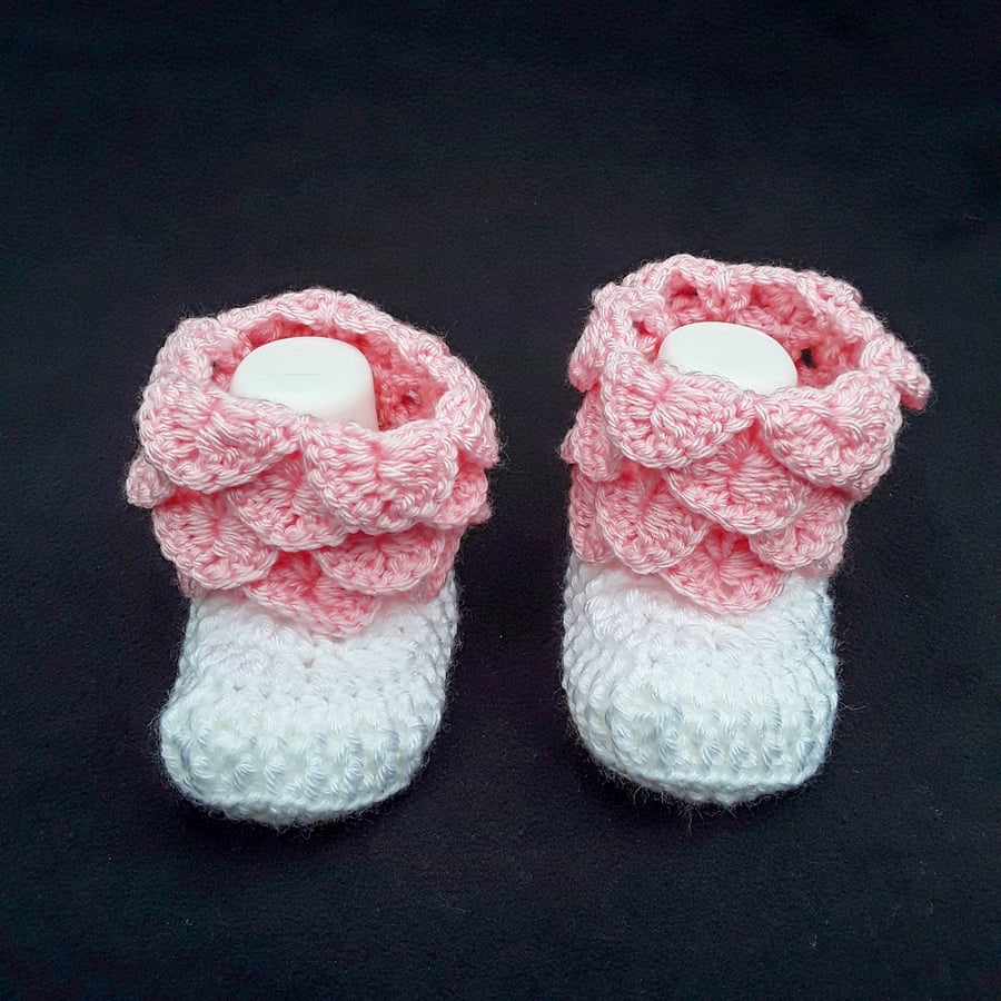 Hand crochet pink and white baby booties crocodile stitch 6-9 mths