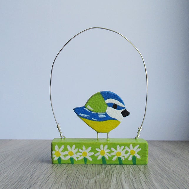 Blue tit, hanging bird decoration, blue tit ornament.