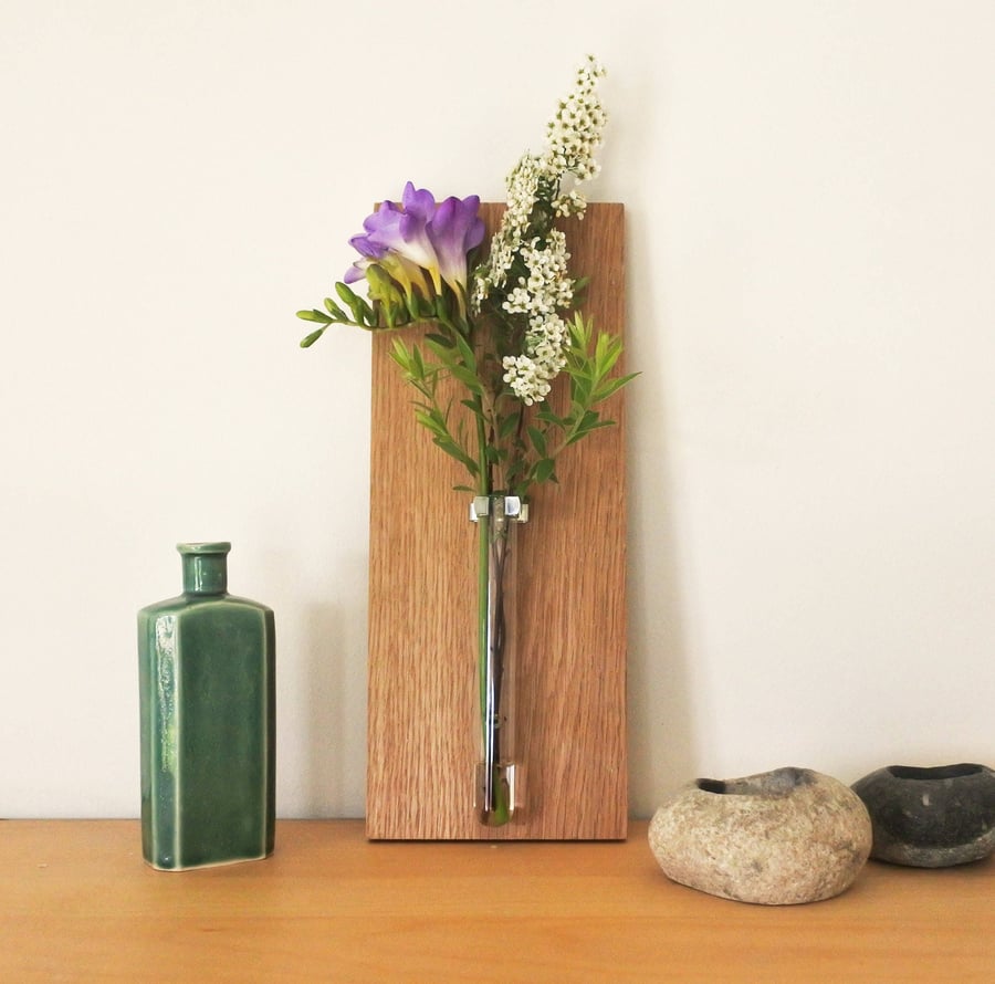 Wood & Glass Test Tube Flower Vase, For Wall or Shelf