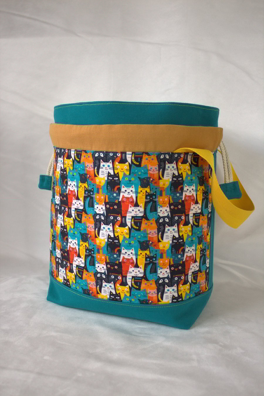 Large Cotton Canvas Drawstring Project Bag Rainbow Cats