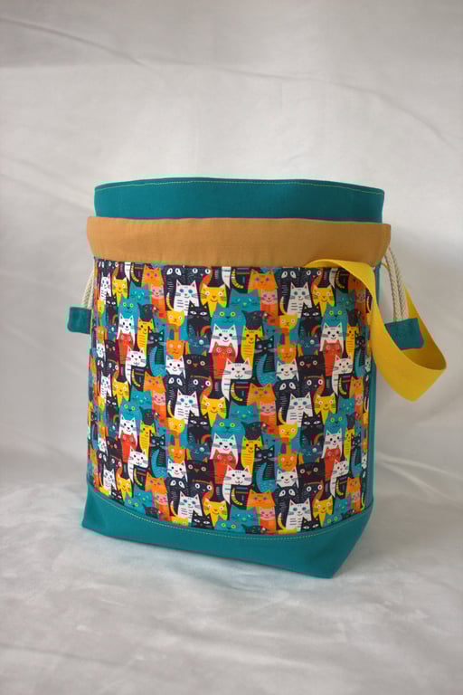 Large Cotton Canvas Drawstring Project Bag Rainbow Cats