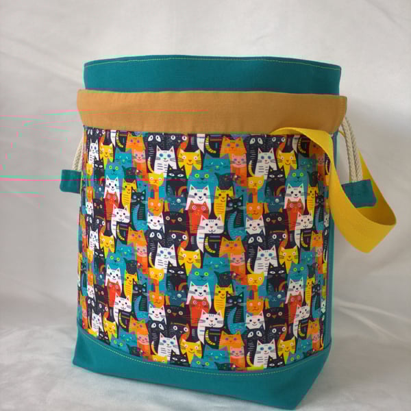 Large Cotton Canvas Drawstring Project Bag Rainbow Cats