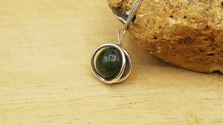 Small Moss agate circle pendant necklace. Reiki jewelry