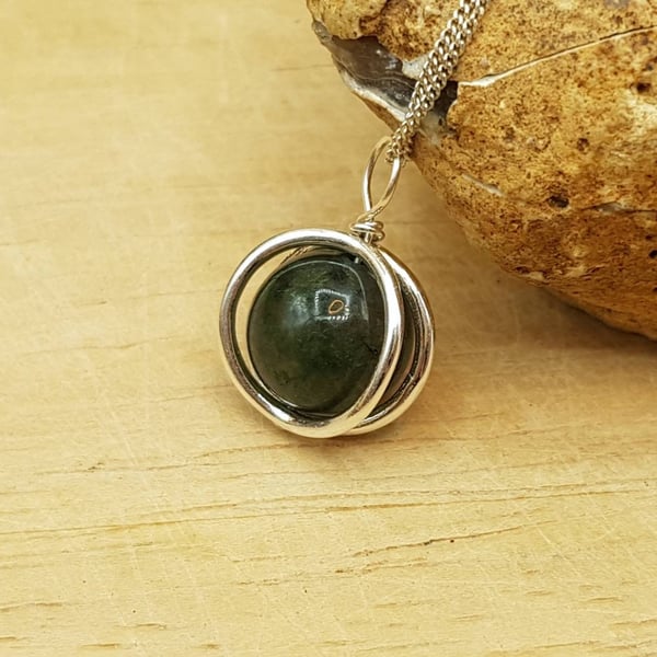 Small Moss agate circle pendant necklace. Reiki jewelry