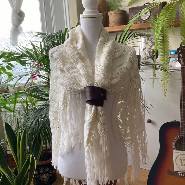 Off White Crochet Wedding Poncho Triangle Shawl with Gloves- All Seasons shawl