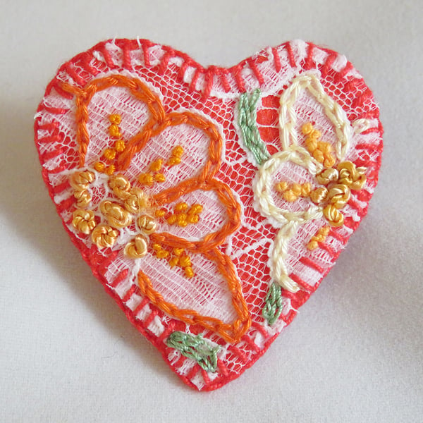 SALE Heart Brooch - Hand embroidered lace on felt