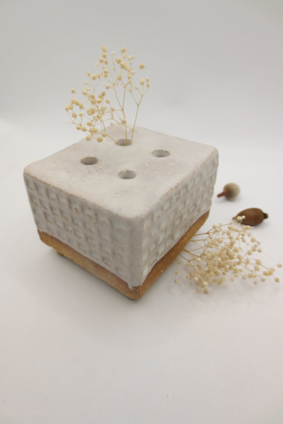 Hand-built stoneware pottery mini flower brick in matt white