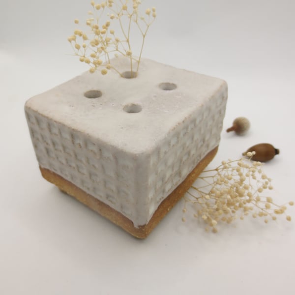 Hand-built stoneware pottery mini flower brick in matt white