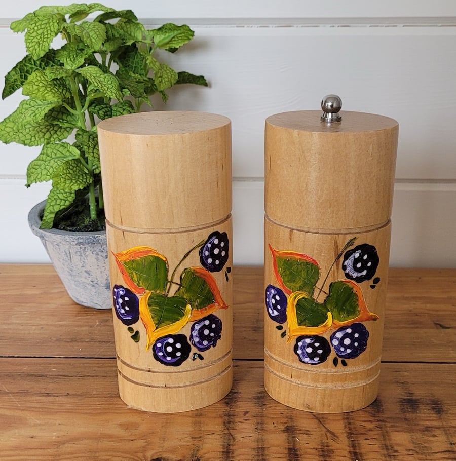 Image of Wooden Salt And Pepper Pots Decorated With Blackberries