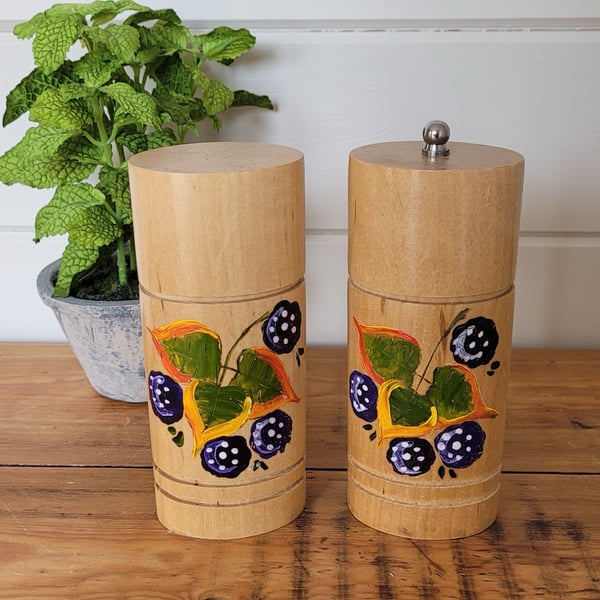 Wooden Salt And Pepper Pots Decorated With Blackberries