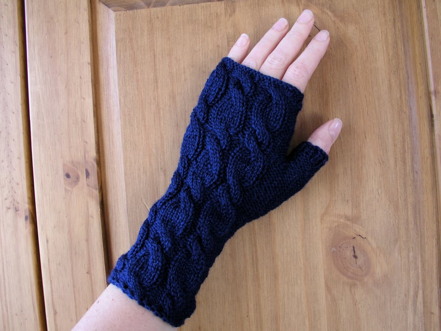 Navy hand knitted fingerless gloves wrist warmers
