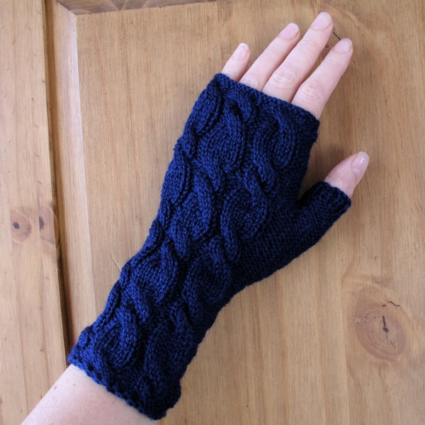 Navy hand knitted fingerless gloves wrist warmers