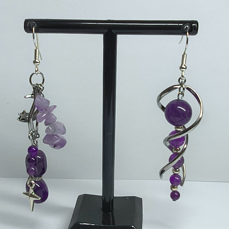One of a Kind Handmade Amethyst Asymmetrical Earrings Purple Gemstone Gift